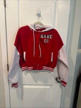 Rue21 Red and White Hooded Varsity Jacket with 'BABE 01' Patch